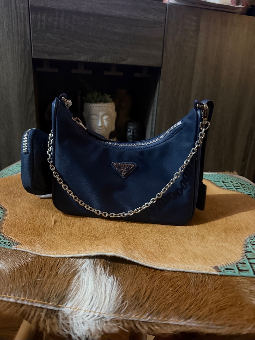 Nylon Chain Accent Shoulder Bag in Navy